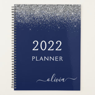 Agenda Monograma Brilho Glitter Azul Marinho Prata 2022