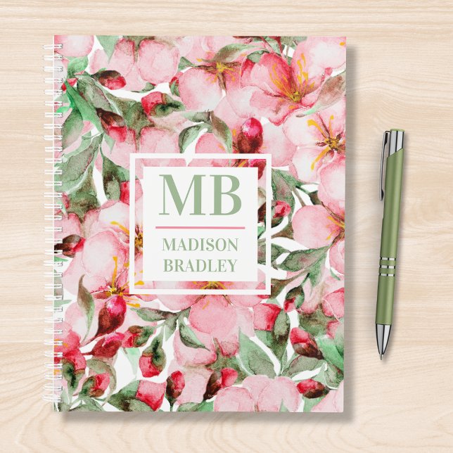 Agenda Monograma Cherry Blossom Watercolor Floral (Criador carregado)