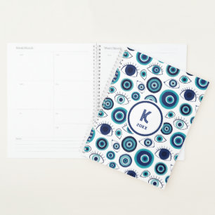 Agenda Monograma Chic Azul Branco Olho Grego do Mal