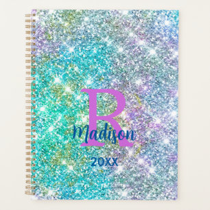 Agenda Monograma cintilante azul-azul-unicórnio, iridesce