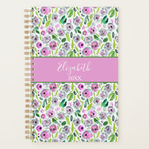 Agenda Monograma Cinza Rosa Verde Boho Watercolor Floral