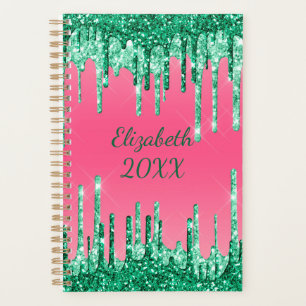 Agenda Monograma com Brilho Gotejante Verde Rosa Glam Mod