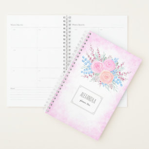 Agenda Monograma Cor de Água Buquê Rosas Rosa Azul Folh