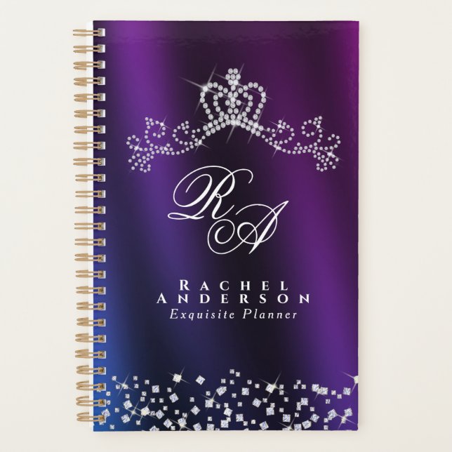 Agenda Monograma Coroa com Brilho Azul Roxo (Frente)