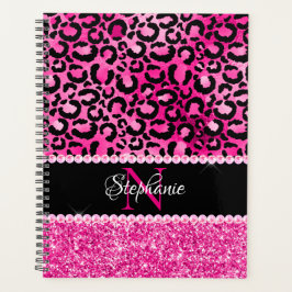 Agenda Monograma da mancha-leopardo preto e rosa-quente