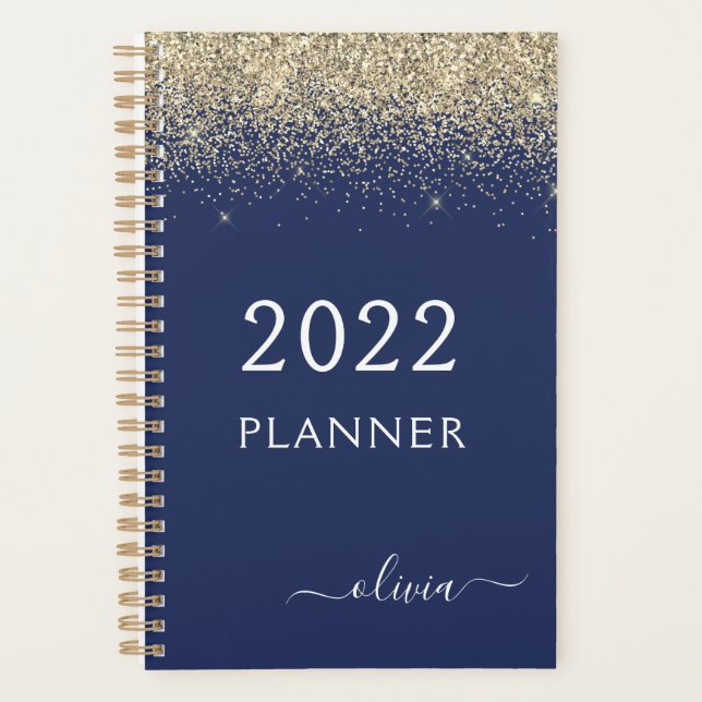 Agenda Monograma de 2022 com brilho brilhante azul-brilha (Frente)