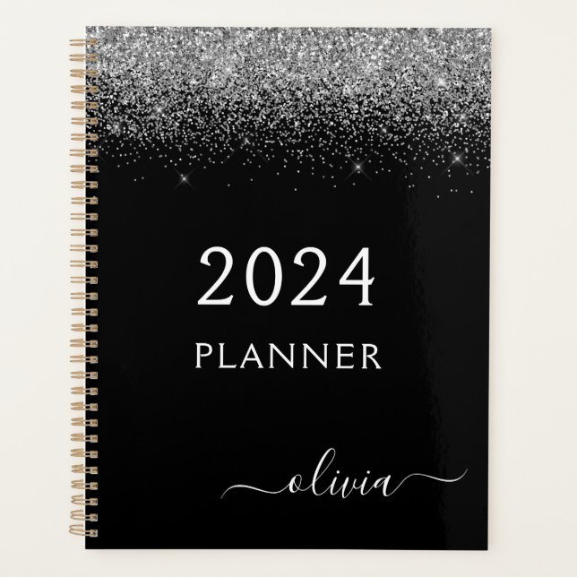 Agenda Monograma de 2022 com Glitter Preto Prateado (Frente)