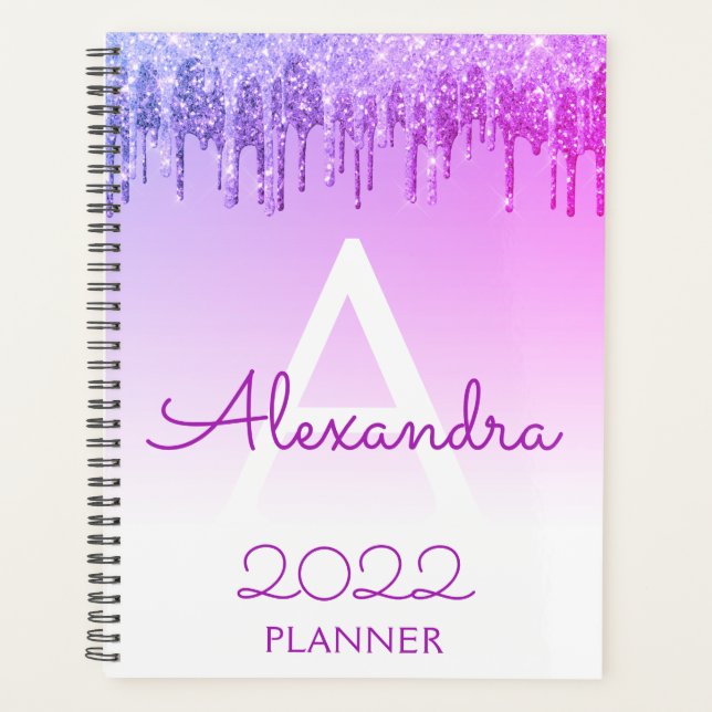 Agenda Monograma de 2022 Roxo Glitter Sparkle (Frente)