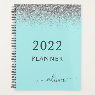 Agenda Monograma de 2022 Silver Aqua Blue Teal Glitter