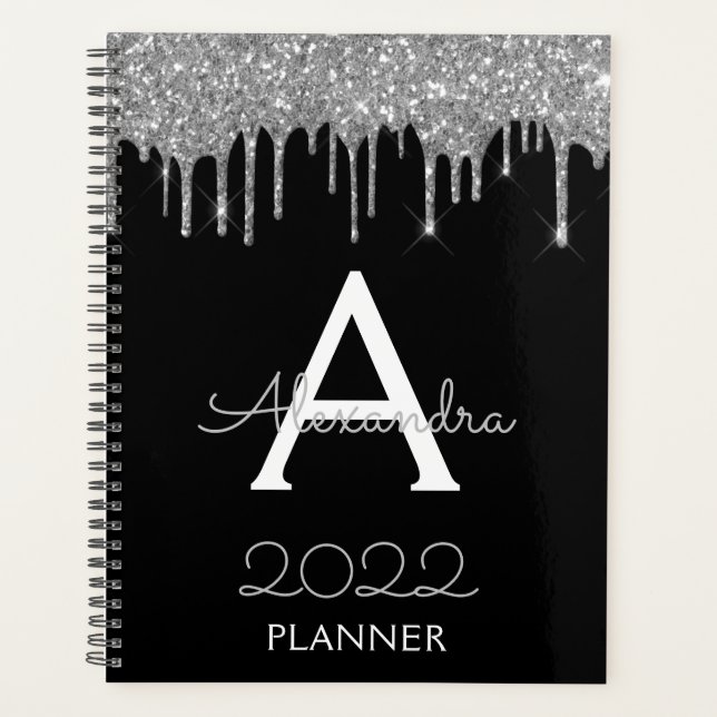 Agenda Monograma de 2022 Silver Black Glitter Moderno (Frente)
