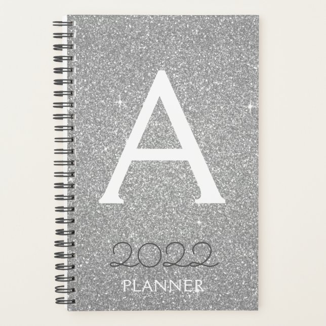 Agenda Monograma de 2022 Silver Glitter Sparkle (Frente)