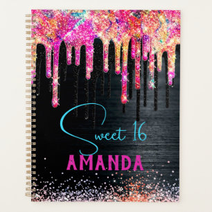 Agenda Monograma de aniversário brilhante preto de unicór