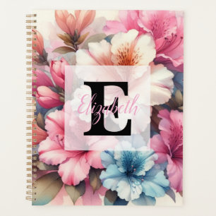 Agenda Monograma de aquarela floral com azáleas rosa e az