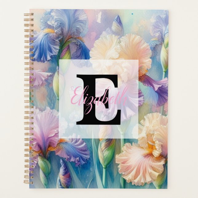 Agenda Monograma de aquarela floral com flores de íris ro (Frente)