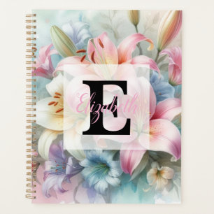 Agenda Monograma de aquarela floral com lírios rosa flore