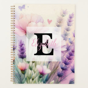 Agenda Monograma de aquarela floral rosa roxo lavanda