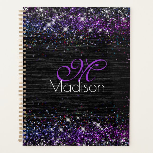 Agenda Monograma de brilho de metal preto roxo (Frente)