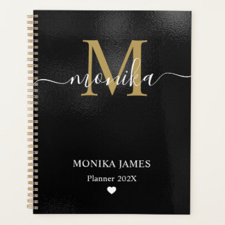 Agenda Monograma de Coração Dourado em Metal Preto Escova