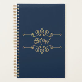 Agenda Monograma de Floreio Elegante Azul-Elegante Dourad