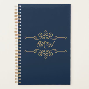 Agenda Monograma de Floreio Elegante Azul-Elegante Dourad