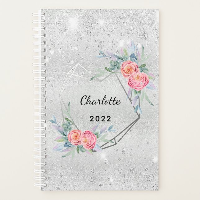 Agenda Monograma de flores cor-de-rosa com brilho pratead (Frente)