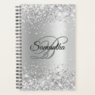 Agenda Monograma de Folha de Shiner Silver Glitter Shimme