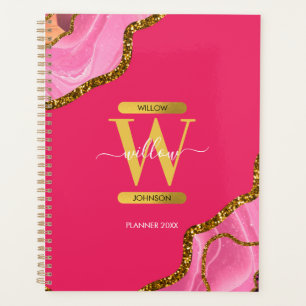 Agenda Monograma de Glitter de Geodo de Agato Rosa e Dour