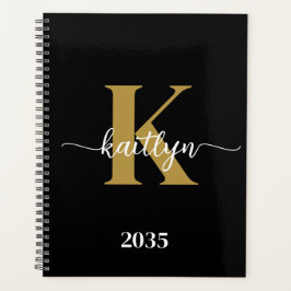 Agenda Monograma de Letra Cursiva em Preto e Dourado