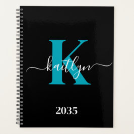 Agenda Monograma de Letra de Cursiva Azul Moderno Preto