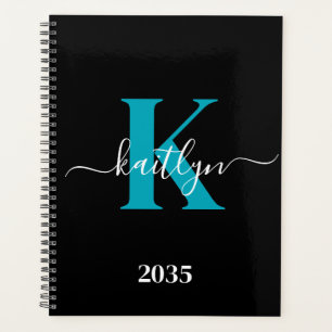 Agenda Monograma de Letra de Cursiva Azul Moderno Preto