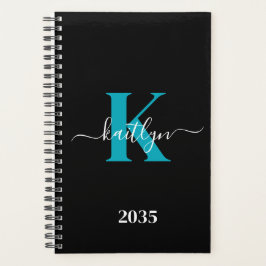 Agenda Monograma de Letra de Cursiva Azul Moderno Preto