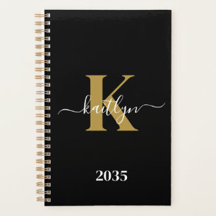 Agenda Monograma de Letra de Forma Elegante Preto e Doura