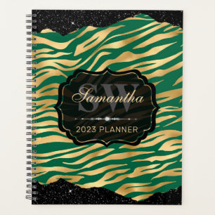 Agenda Monograma de Listras de Zebra Verde e Dourado Eleg