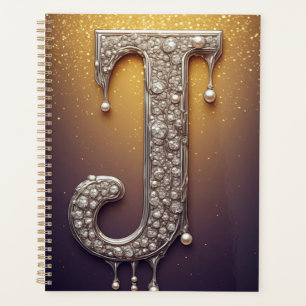 Agenda Monograma de Luxo com Letra J em Diamante, Pérola