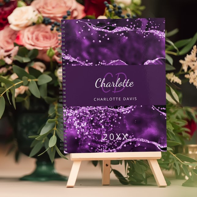 Agenda Monograma de mármore rosa com agitação púrpura 202 (Criador carregado)