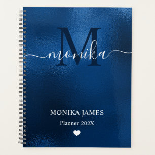 Agenda Monograma de Metal Polido Azul Real Moderno