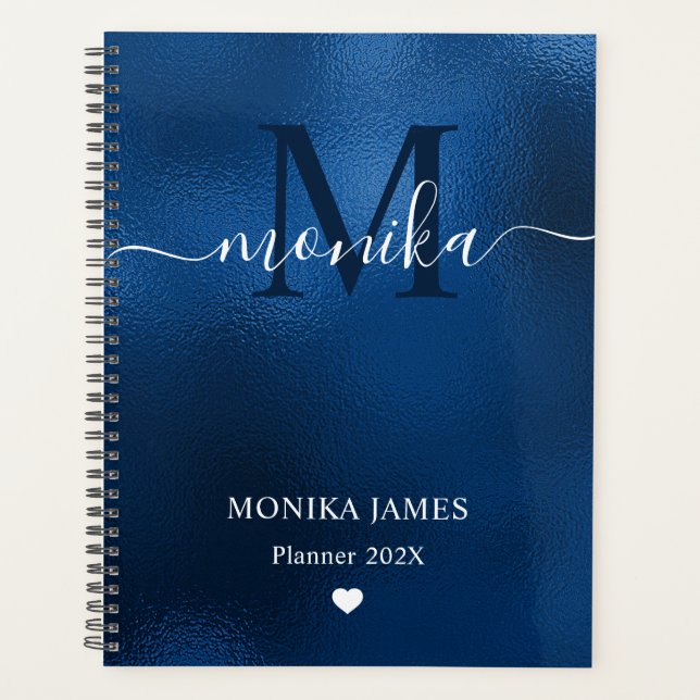Agenda Monograma de Metal Polido Azul Real Moderno (Frente)