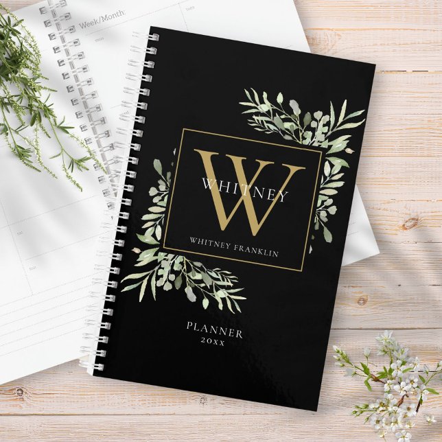 Agenda Monograma de Nome Aquarela de Verdura Moderna (Modern Greenery Watercolor Monogram Name Planner)