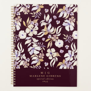 Agenda Monograma de ouro floral borgonhado
