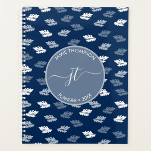 Agenda Monograma de Padrão de Folhas Azul marinho