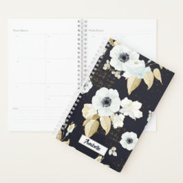 Agenda Monograma de Padrão Floral Branco e Azul Elegante