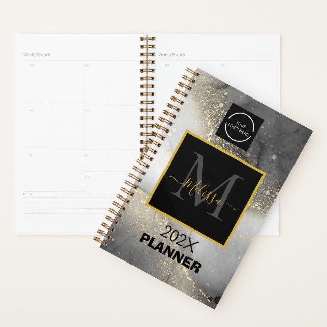 Agenda Monograma de Prata Moderna e Logotipo Dourado (Exibição)