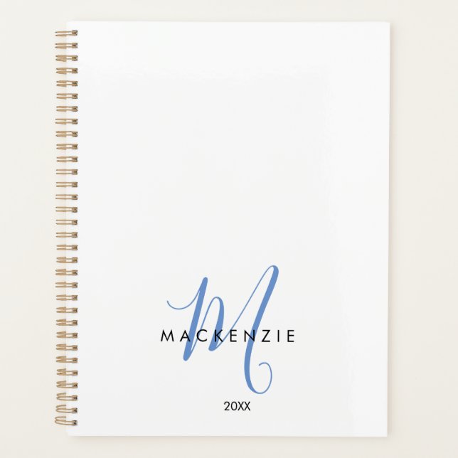 Agenda Monograma de Script Azul Branco Moderno Elegante (Frente)