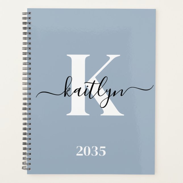 Agenda Monograma de Script Azul Elegante Dusty (Frente)