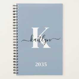 Agenda Monograma de Script Azul Elegante Dusty