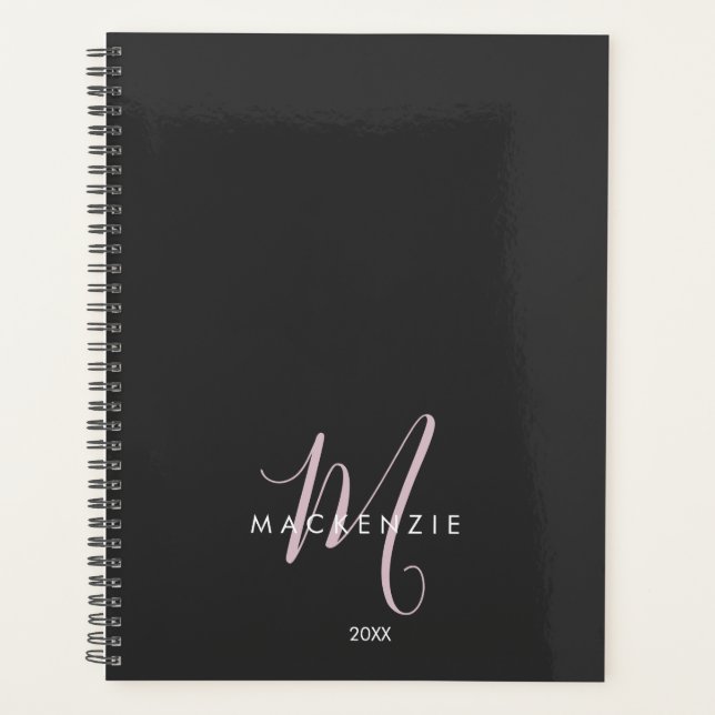 Agenda Monograma de Script Cor-de-rosa Blush Preto Modern (Frente)