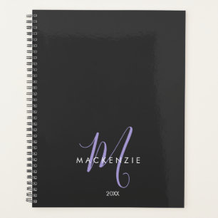 Agenda Monograma de Script de Lavanda Negra Moderno Elega