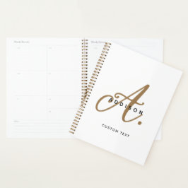 Agenda Monograma de Script Dourado Branco Elegante Preto