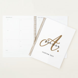 Agenda Monograma de Script Dourado Branco Elegante Preto