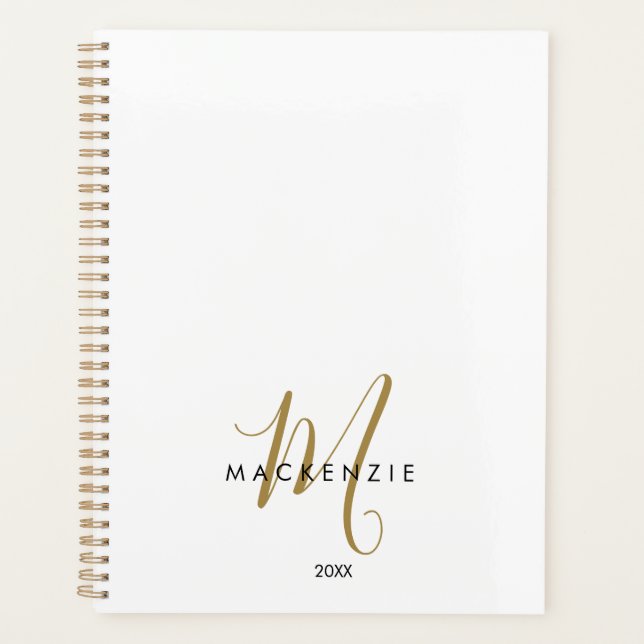 Agenda Monograma de Script Dourado Branco Moderno Elegant (Frente)